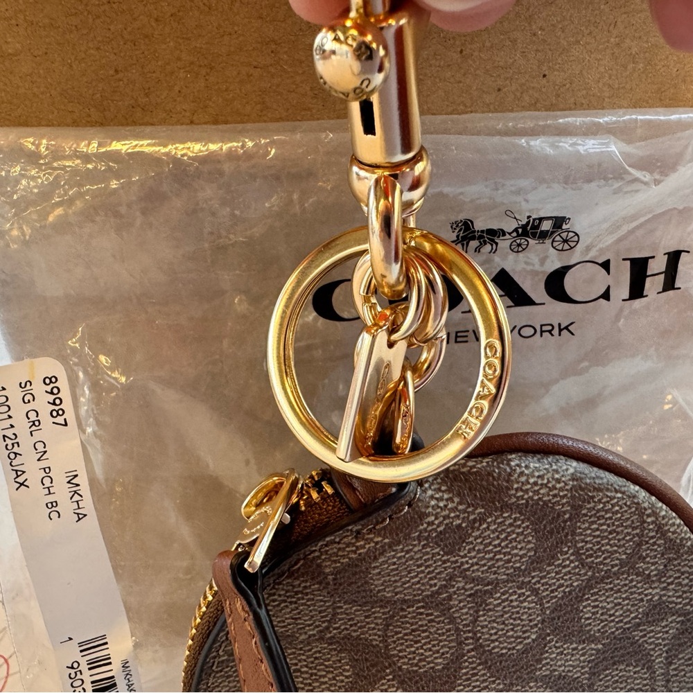 Coach Khaki and Brown Signature Coin Pouch Gold tone keychain NWT retails $128 - Picture 6 of 7